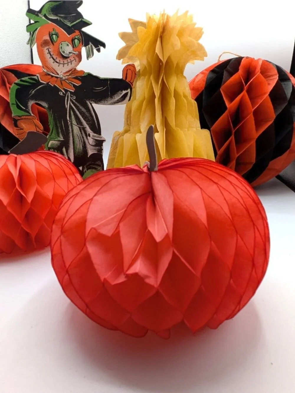 Vintage Cardboard Die Cut Scarecrow Honeycomb Pumpkin Decoration Lot Halloween